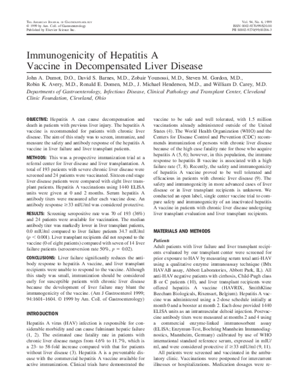 (PDF) Immunogenicity of hepatitis A vaccine in decompensated liver disease
