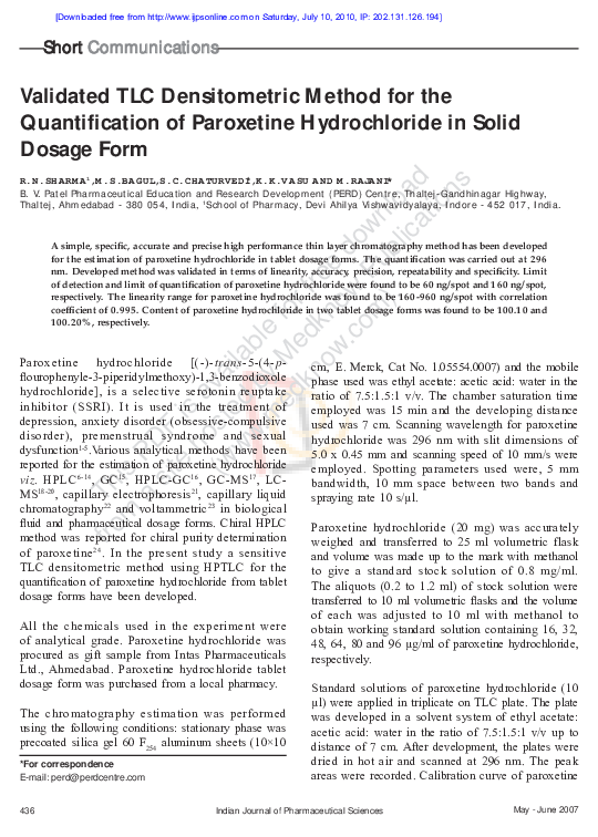 (PDF) Validated TLC densitometric method for the quantification of paroxetine hydrochloride in