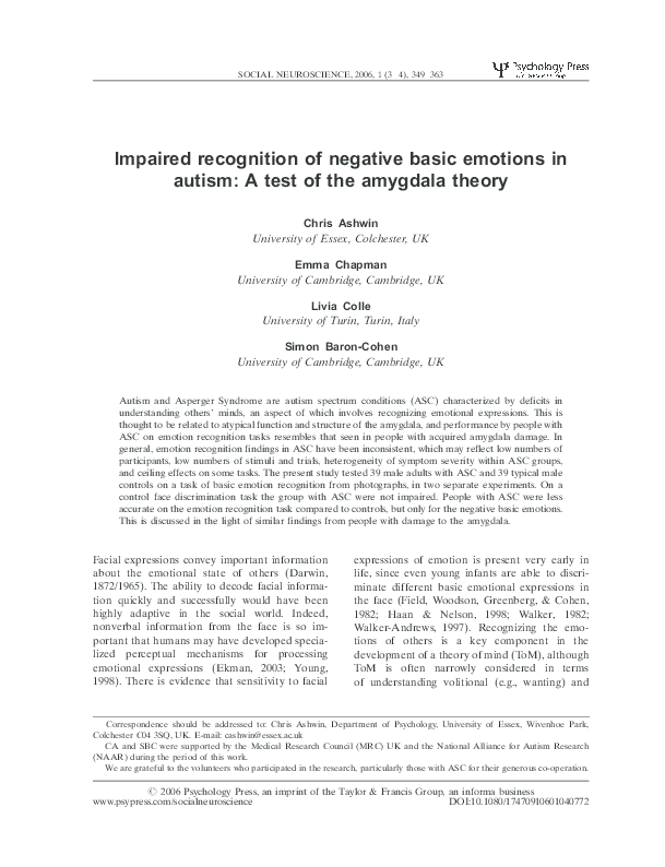(PDF) Impaired recognition of negative basic emotions in autism: A test ...