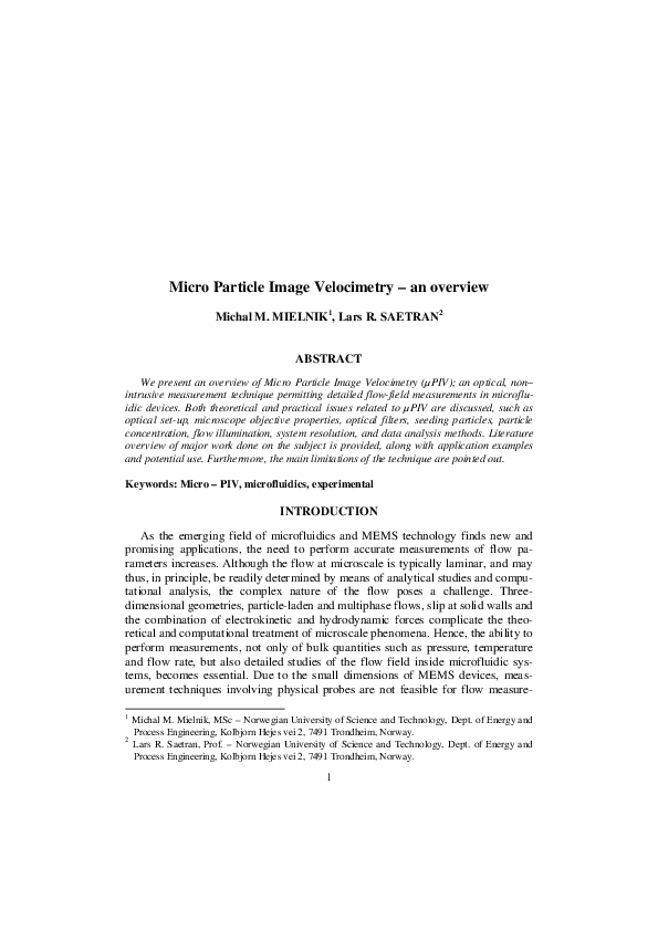 (PDF) Micro Particle Image Velocimetry - an overview