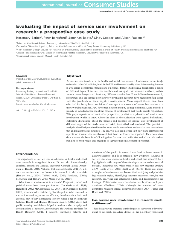 (PDF) Evaluating the impact of service user involvement on research: a ...