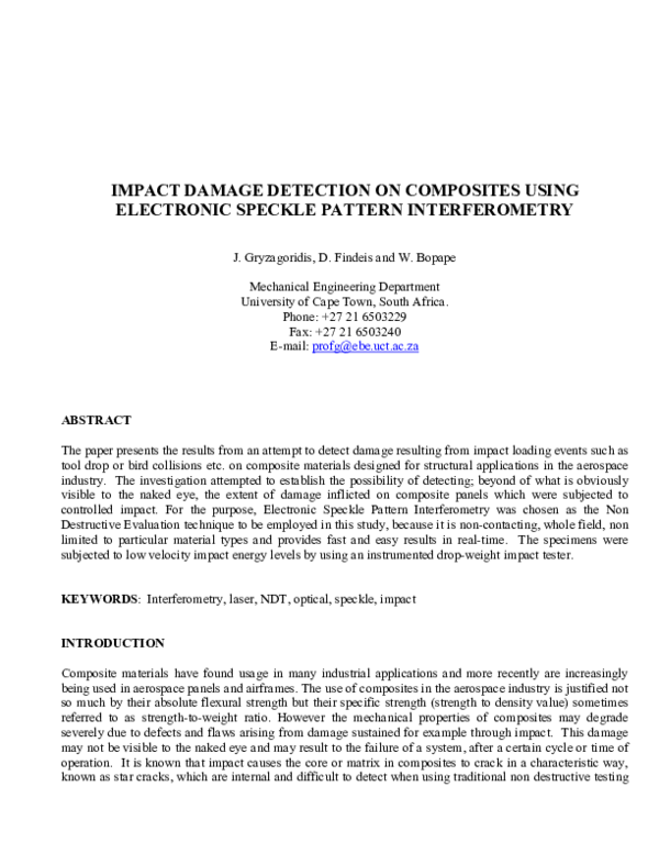 (PDF) IMPACT DAMAGE DETECTION ON COMPOSITES USING ELECTRONIC SPECKLE ...