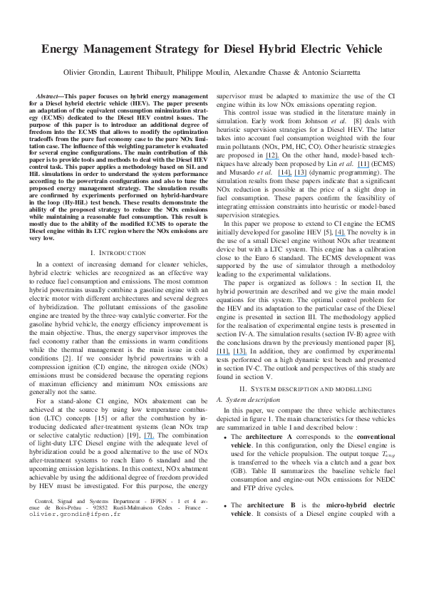 (PDF) Energy management strategy for Diesel hybrid electric vehicle Laurent Thibault