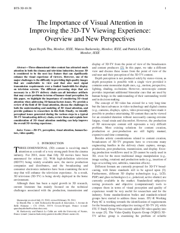 (PDF) The Importance of Visual Attention in Improving the 3D-TV Viewing ...