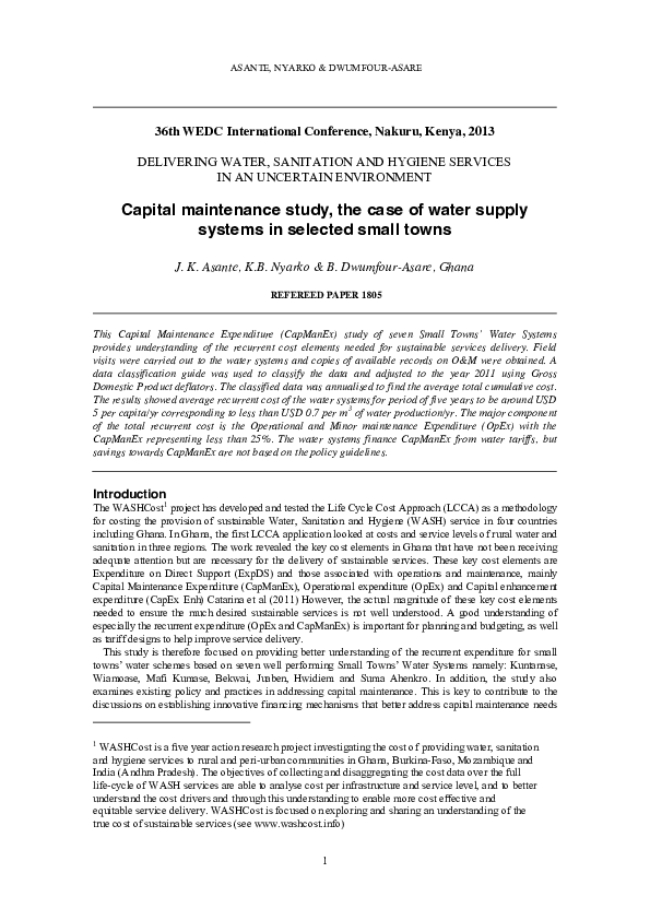 (PDF) Capital maintenance study, the case of water supply systems in