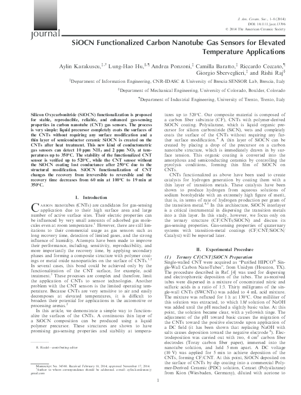(PDF) SiOCN Functionalized Carbon Nanotube Gas Sensors for Elevated ...