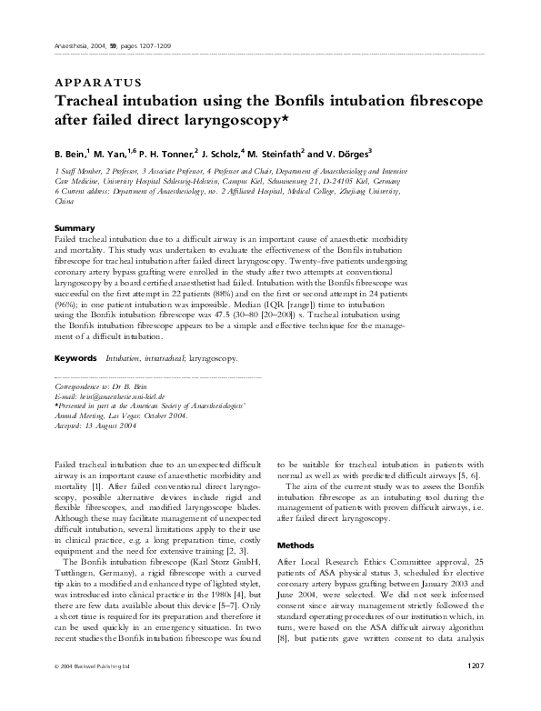 (PDF) Tracheal intubation using the Bonfils intubation fibrescope after
