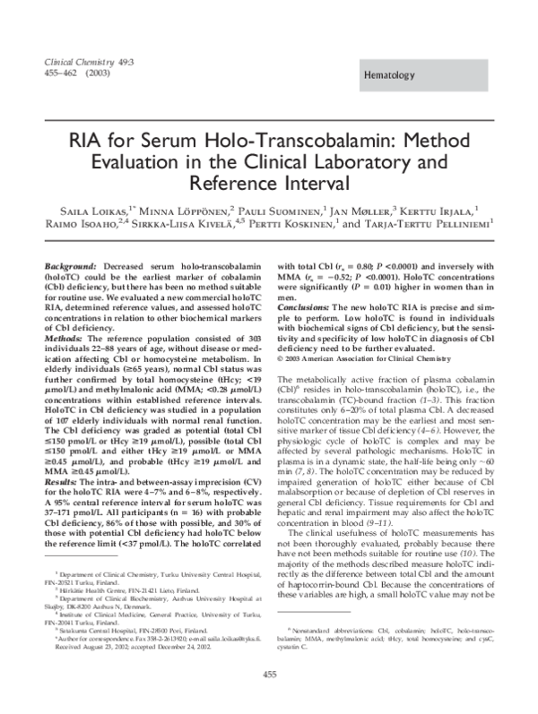 (PDF) RIA for Serum Holo-Transcobalamin: Method Evaluation in the ...
