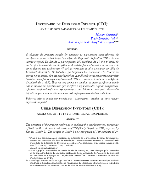 (PDF) Child Depression Inventory (CDI): analyses of its psychometrical ...