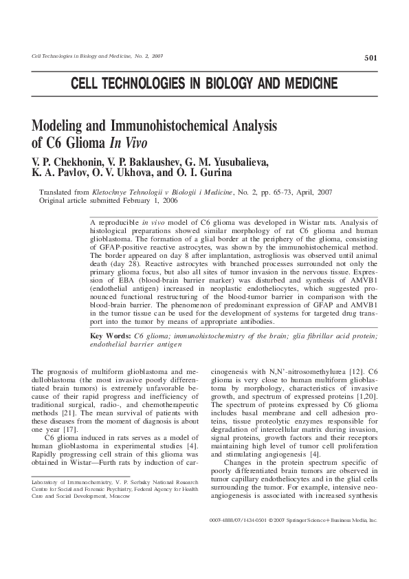 (PDF) Modeling and immunohistochemical analysis of C6 glioma In Vivo
