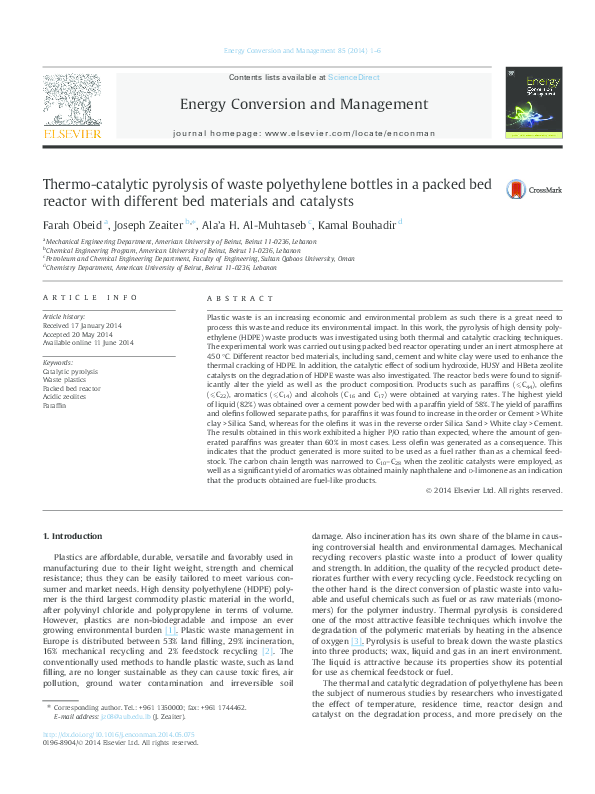 (PDF) Thermo-catalytic pyrolysis of waste polyethylene bottles in a ...