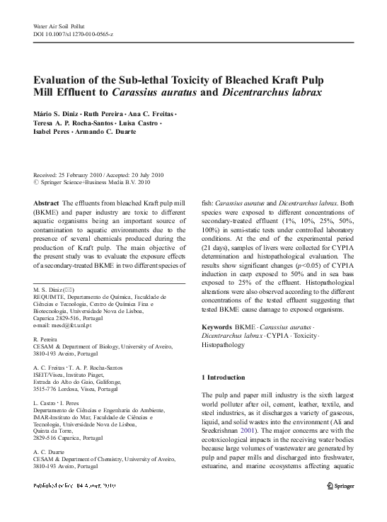 (PDF) Evaluation of the Sub-lethal Toxicity of Bleached Kraft Pulp Mill ...