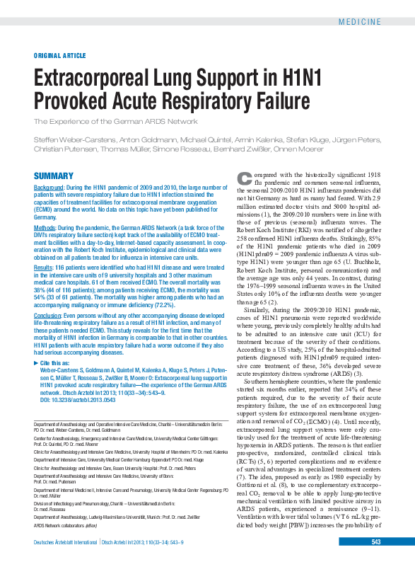 (PDF) Extracorporeal lung support in H1N1 provoked acute respiratory ...