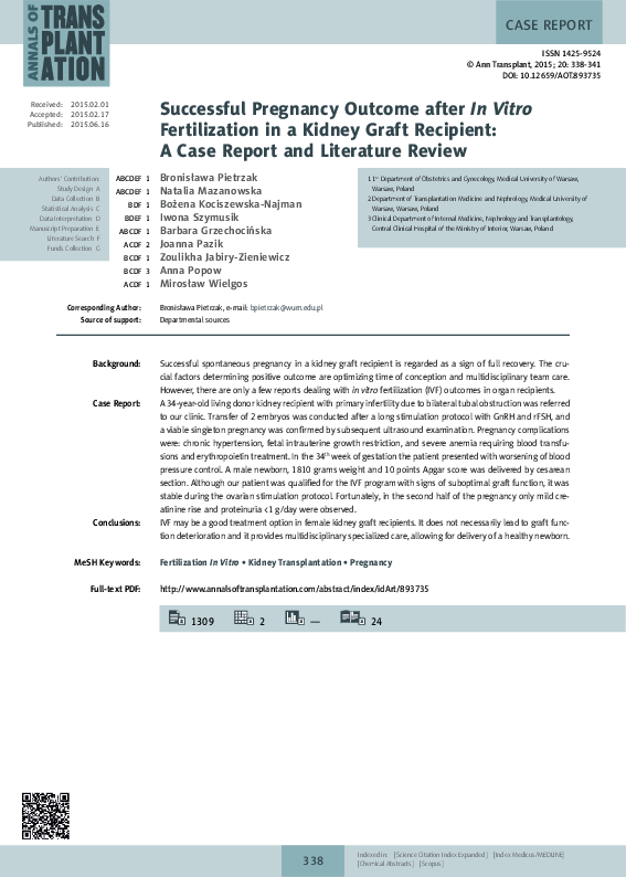 (PDF) Successful Pregnancy Outcome after In Vitro Fertilization in a ...