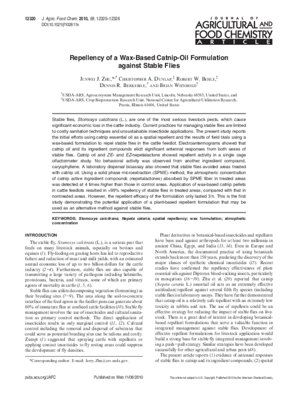 (PDF) Repellency of a WaxBased CatnipOil Formulation against Stable