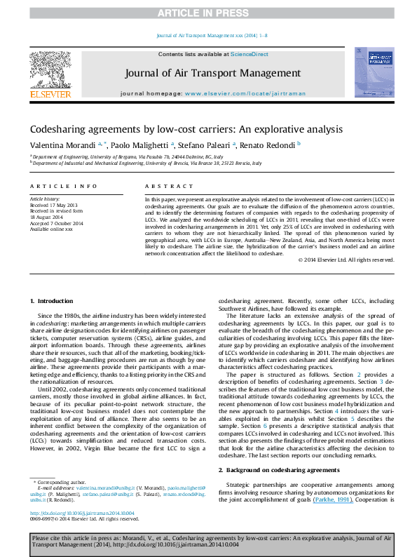 (PDF) Codesharing agreements by low-cost carriers: An explorative analysis
