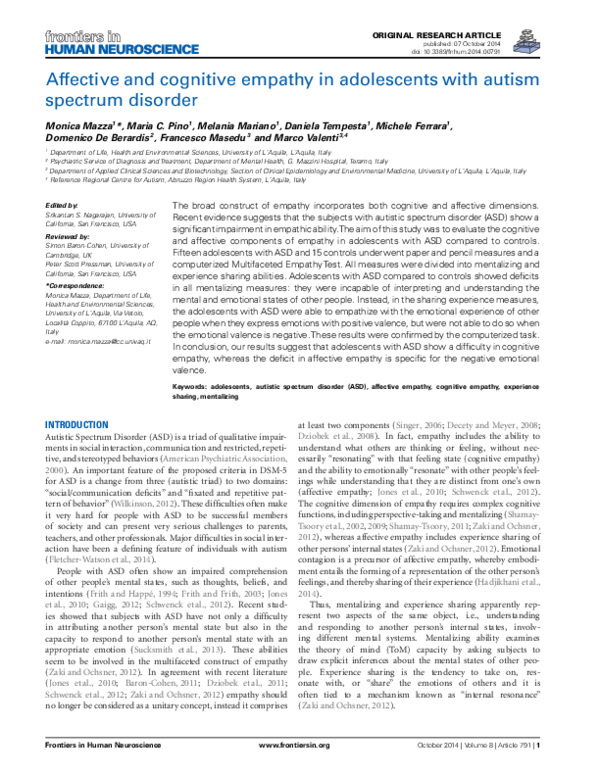 (PDF) Affective and cognitive empathy in adolescents with autism ...