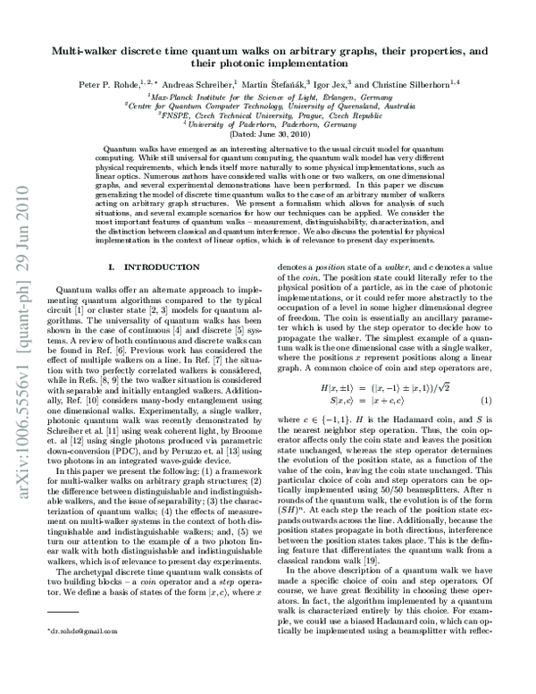 (PDF) Multi-walker discrete time quantum walks on arbitrary graphs ...