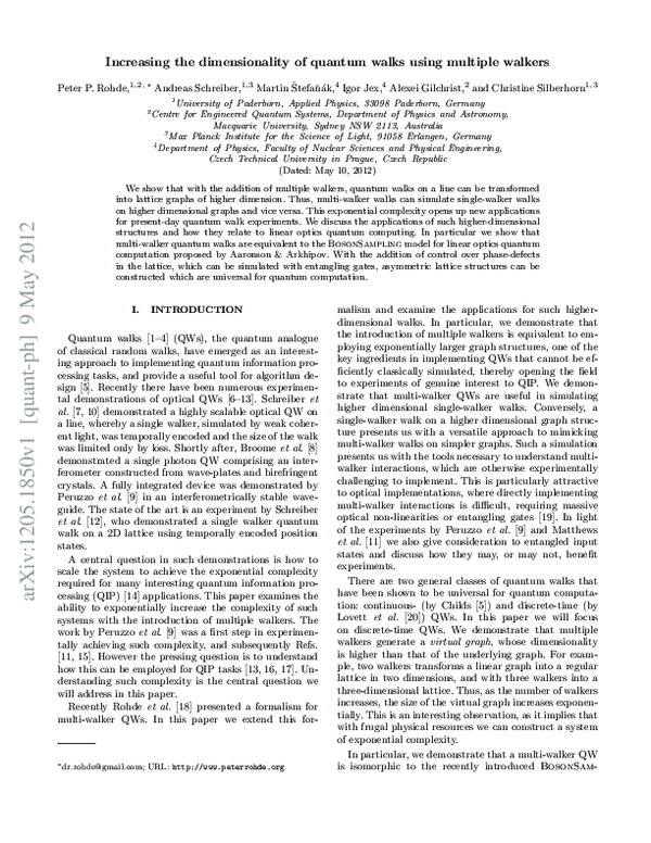 (PDF) Increasing the Dimensionality of Quantum Walks Using Multiple Walkers