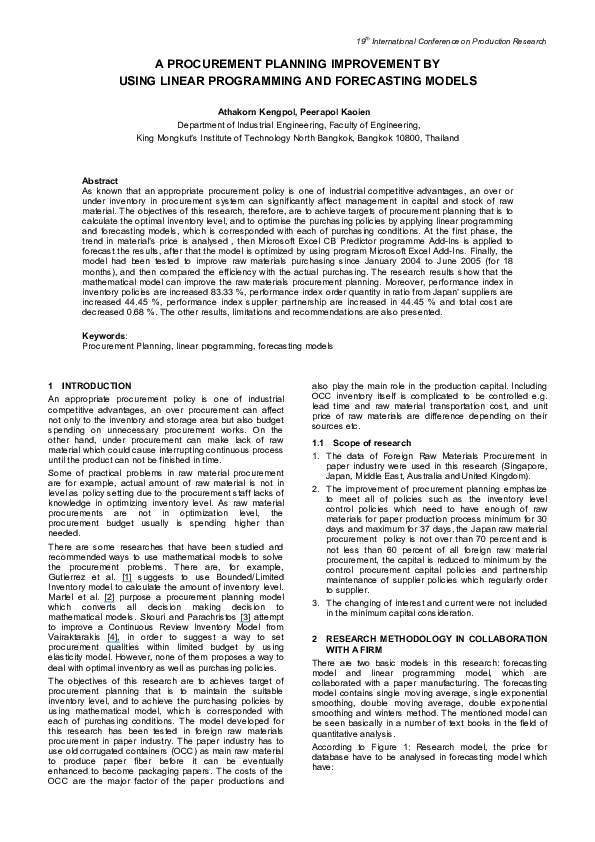 (PDF) A Procurement Planning Improvement by Using Linear Programming ...