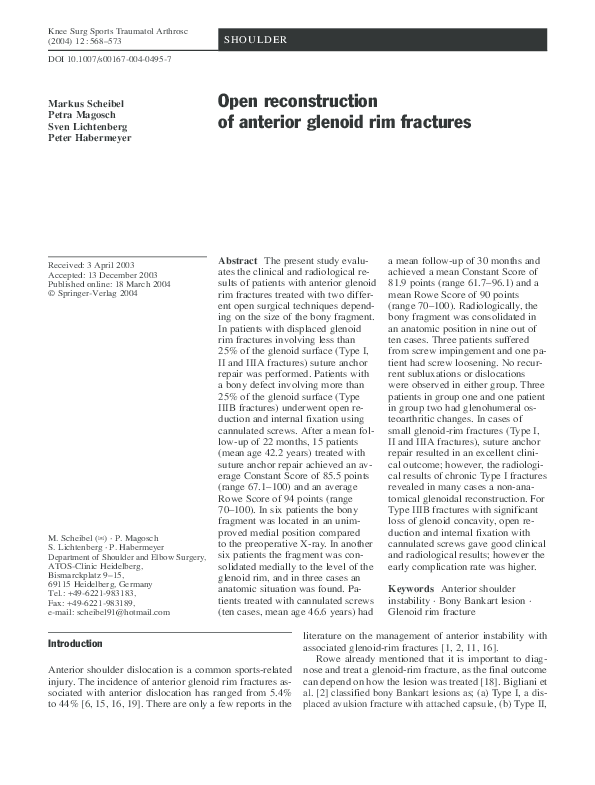 (PDF) Open reconstruction of anterior glenoid rim fractures
