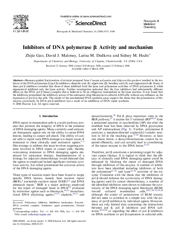 (PDF) Inhibitors of DNA polymerase β: Activity and mechanism
