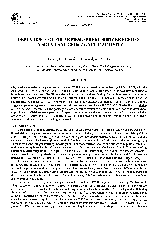(PDF) Dependence of polar mesosphere summer echoes on solar and ...