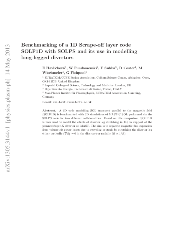 (PDF) Benchmarking of a 1D scrape-off layer code SOLF1D with SOLPS and ...