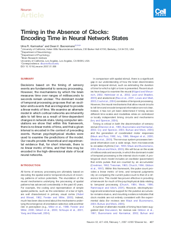 (PDF) Timing in the Absence of Clocks: Encoding Time in Neural Network ...