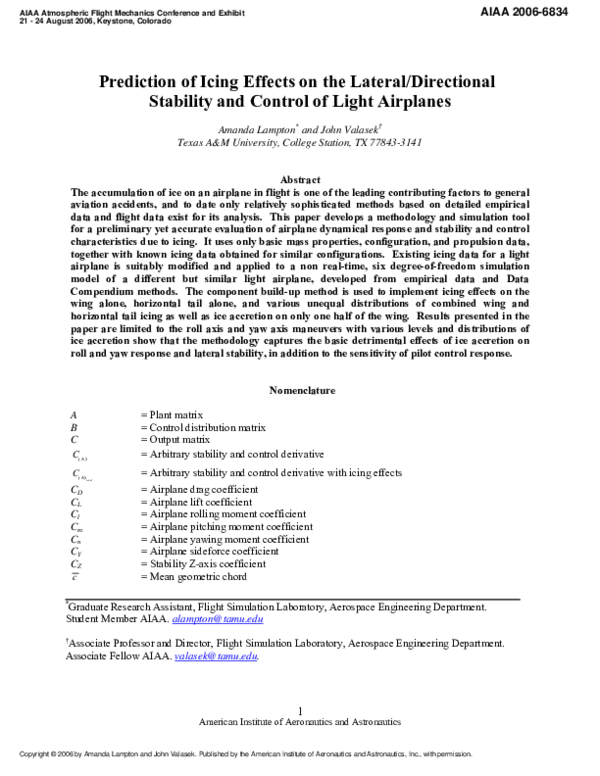Pdf Prediction Of Icing Effects On The Lateraldirectional - 