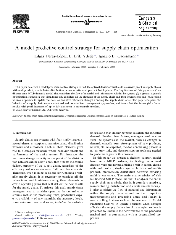 (PDF) A model predictive control strategy for supply chain optimization