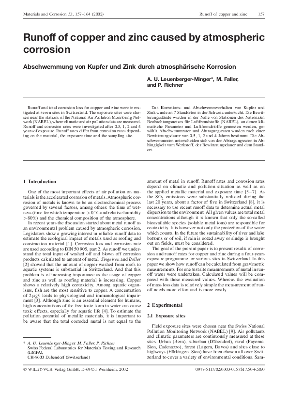 (PDF) Runoff of copper and zinc caused by atmospheric corrosion P