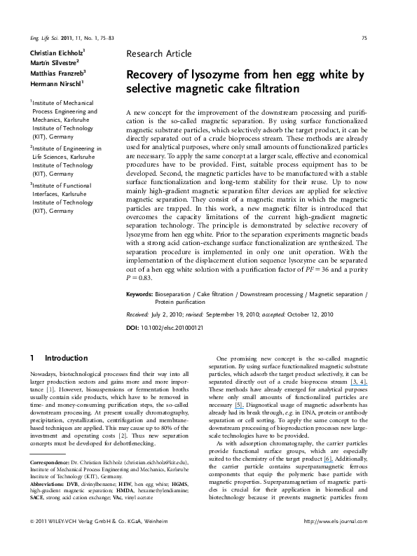 (PDF) Recovery of lysozyme from hen egg white by selective magnetic ...