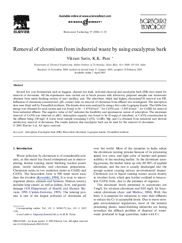 (PDF) Removal of chromium from industrial waste by using eucalyptus bark