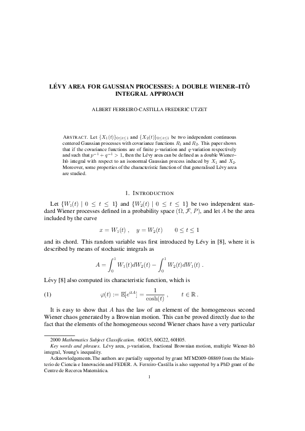 (PDF) Lévy area for Gaussian processes: A double Wiener–Itô integral ...