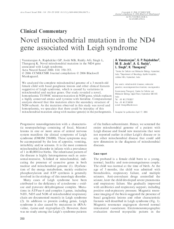 (PDF) Novel mitochondrial mutation in the ND4 gene associated with ...
