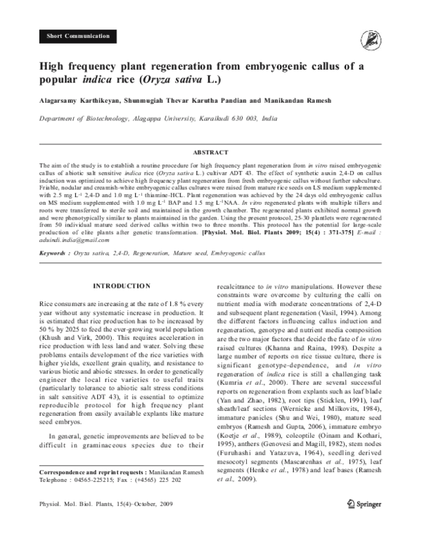 (PDF) High frequency plant regeneration from embryogenic callus of a ...
