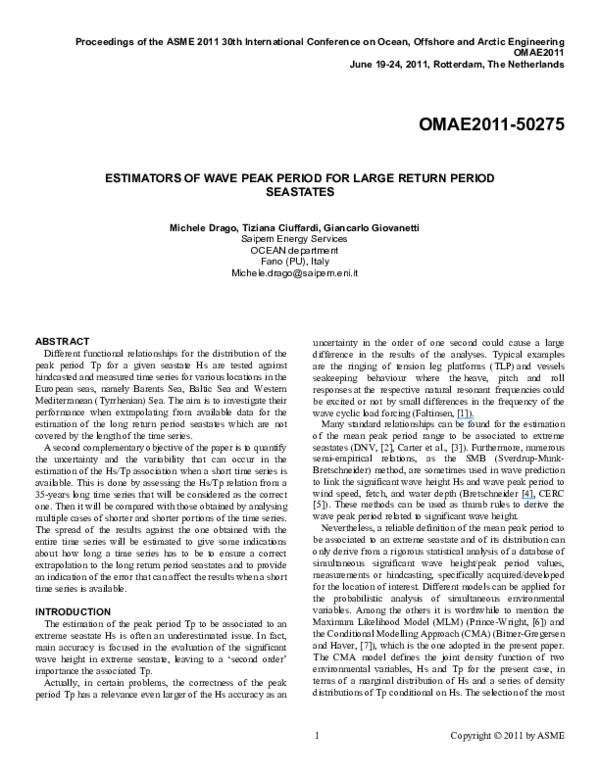 (PDF) Estimators of Wave Peak Period for Large Return Period Seastates
