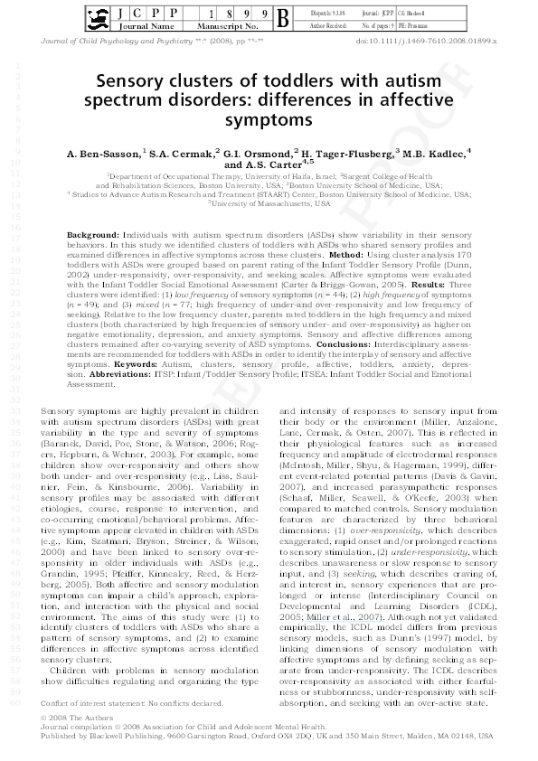 (PDF) Sensory clusters of toddlers with autism spectrum disorders ...