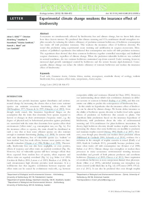 (PDF) Experimental climate change weakens the insurance effect of ...