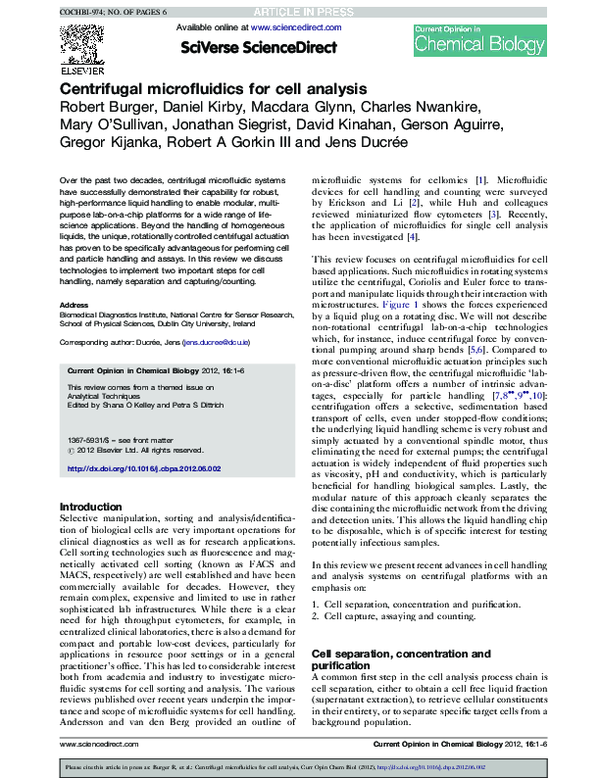 (PDF) Centrifugal microfluidics for cell analysis