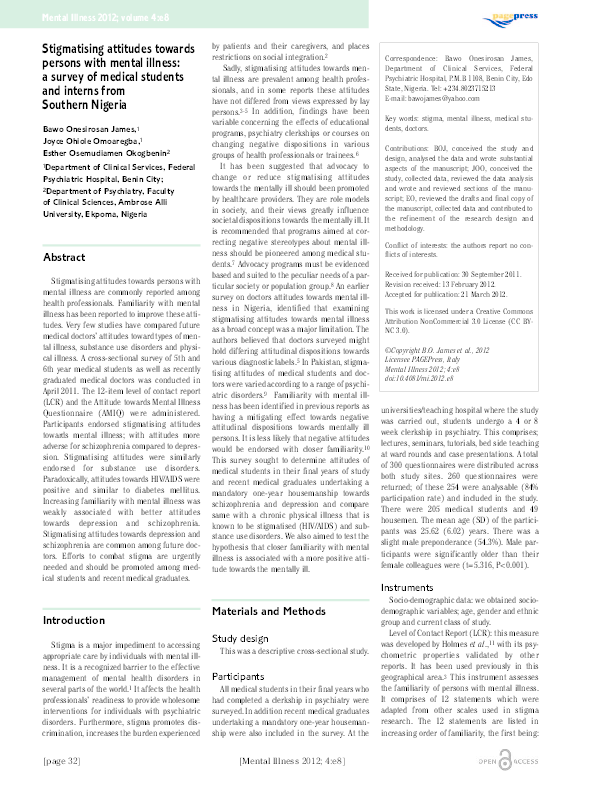 (PDF) Stigmatising attitudes towards persons with mental illness: a ...