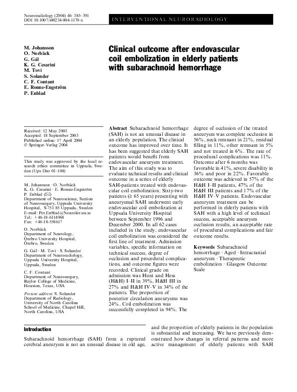 (PDF) Clinical after endovascular coil embolization in elderly