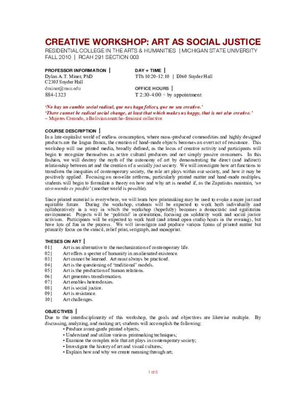 (PDF) Art as Social Justice Syllabus Dylan AT Miner Academia.edu