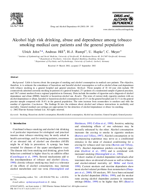 (PDF) Alcohol high risk drinking, abuse and dependence among tobacco ...