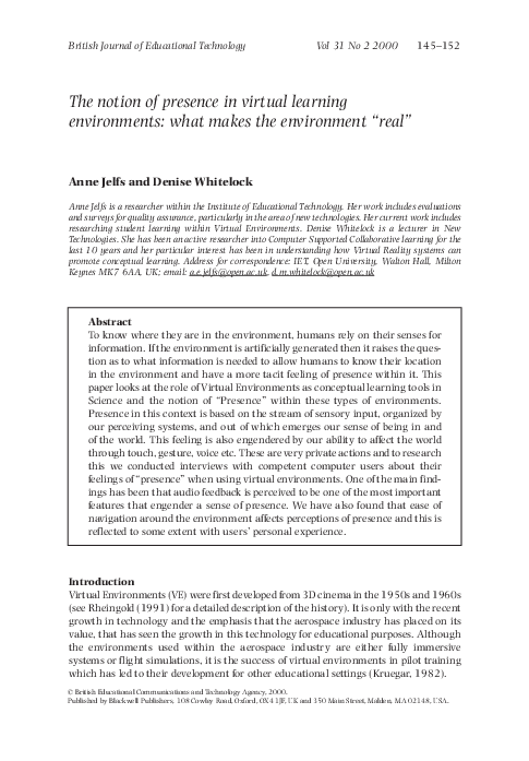 (PDF) The notion of presence in virtual learning environments: what ...