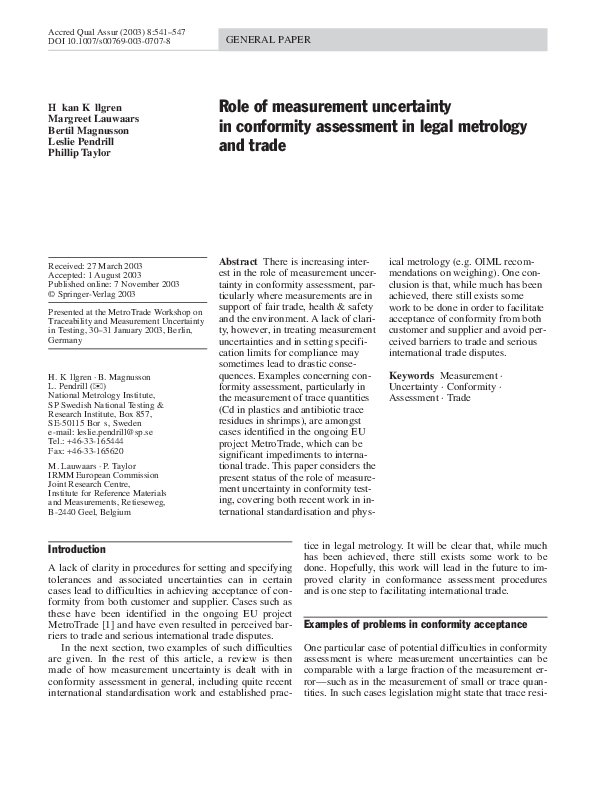 (PDF) Role of measurement uncertainty in conformity assessment in legal ...