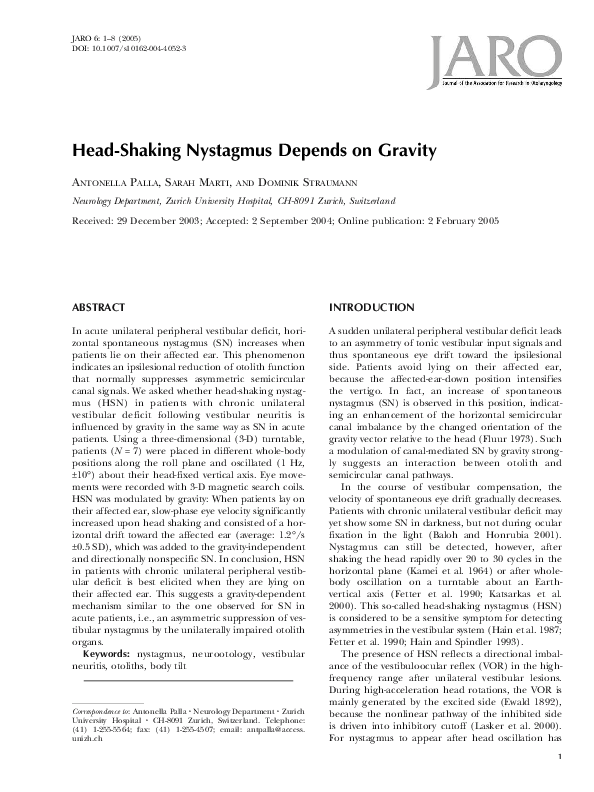 (PDF) HeadShaking Nystagmus Depends on Gravity Antonella Palla
