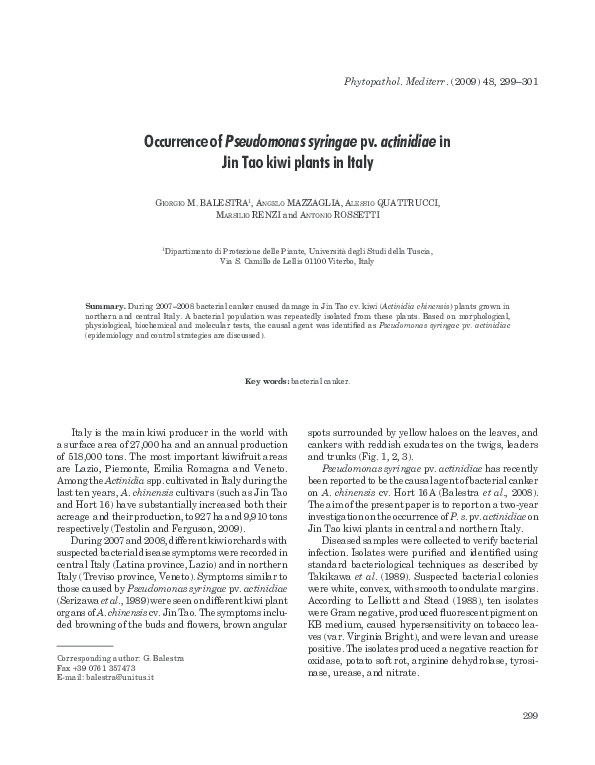 (PDF) Occurrence of Pseudomonas syringae pv. actinidiae in Jin Tao kiwi ...