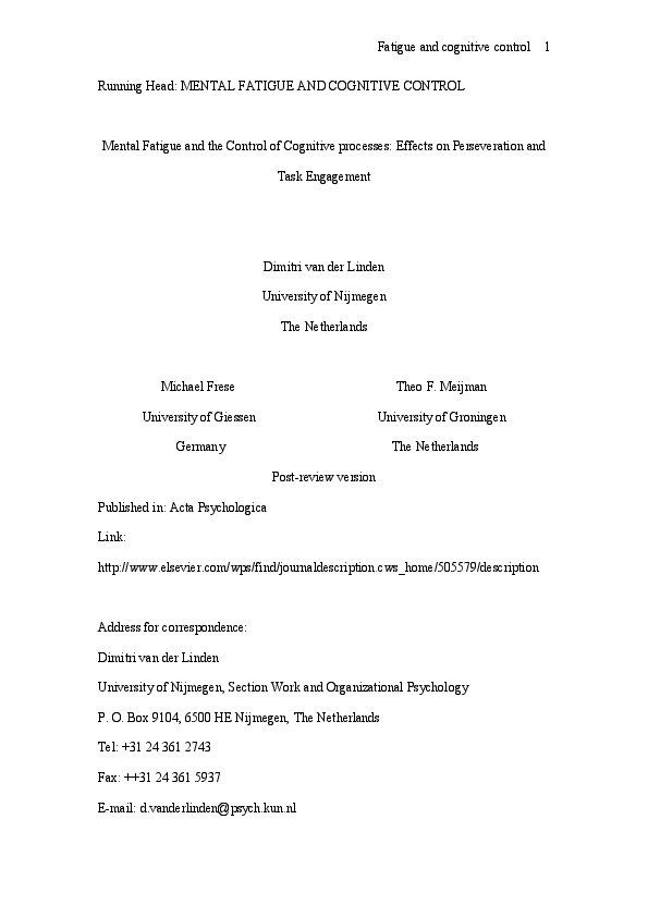 (PDF) Mental fatigue and the control of cognitive processes: effects on ...